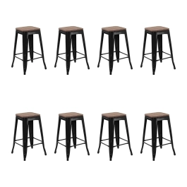 Kit com 8 Banquetas Iron Tolix com assento de madeira rústica escura - 66 cm - Preto