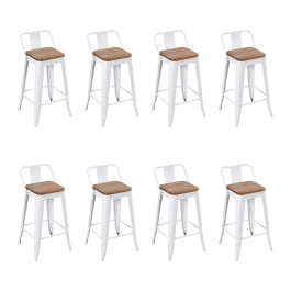 Kit com 8 Banquetas Iron Tolix com encosto e assento de madeira rústica clara 61 cm - Branco