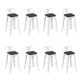 Kit com 8 Banquetas Iron Tolix com encosto e assento de madeira rústica escura Kit 66 cm Kit Branco