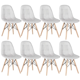 Kit com 8 Cadeiras de jantar Charles Eames Eiffel Botonê Estofada - Cinza claro
