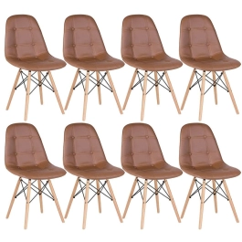 Kit com 8 Cadeiras de jantar Charles Eames Eiffel Botonê Estofada - Marrom