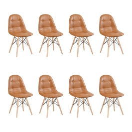Kit com 8 Cadeiras de jantar Charles Eames Eiffel Botonê Estofada - Marrom caramelo