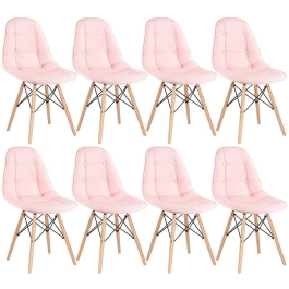Kit com 8 Cadeiras de jantar Charles Eames Eiffel Botonê Estofada - Rosa claro