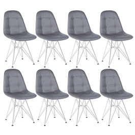 Kit com 8 Cadeiras estofadas Charles Eames Eiffel Botonê DKR com pés de metal cromado - Cinza escuro