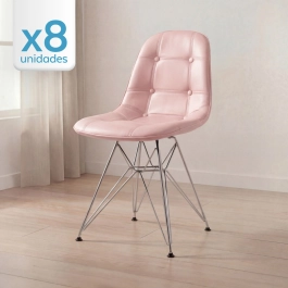 Kit com 8 Cadeiras estofadas Charles Eames Eiffel Botonê DKR com pés de metal cromado - Rosa claro