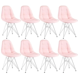 Kit com 8 Cadeiras estofadas Charles Eames Eiffel Botonê DKR com pés de metal cromado - Rosa claro Kit com 8 Cadeiras estofadas Charles Eames Eiffel Botonê DKR com pés de metal cromado - Rosa claro