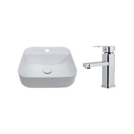 Kit Cuba de Apoio para Banheiro e Torneira Misturador Monocomando Baixa Madeira Pingoo.casa - Branco e Prata