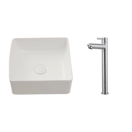 Kit Cuba de Apoio Slim Crisoprásio e Torneira Alta para Banheiro em Aço Amazonas Pingoo.casa - Branco e Prata