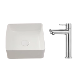 Kit Cuba de Apoio Slim Crisoprásio e Torneira Baixa para Banheiro em Aço Amazonas Pingoo.casa - Branco e Prata