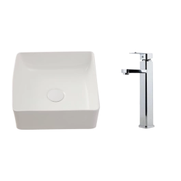 Kit Cuba de Apoio Slim Crisoprásio e Torneira Misturador Monocomando Alta Madeira Pingoo.casa - Branco e Prata