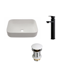 Kit Cuba de Apoio Slim Fluorita com Válvula de Escoamento e Torneira Alta Monocomando Madeira Pingoo.casa - Branco e Preto
