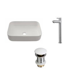 Kit Cuba de Apoio Slim Fluorita com Válvula de Escoamento Para Cuba e Torneira para Banheiro em Aço Alta Amazonas Pingoo.casa - Branco e Prata