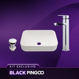 Kit Cuba de Apoio Slim Fluorita com Válvula de Escoamento Para Cuba e Torneira Alta Monocomando Pingoo.casa - Branco e Prata