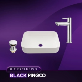 Kit Cuba de Apoio Slim Fluorita com Válvula de Escoamento Para Cuba e Torneira para Banheiro em Aço Baixa Amazonas Pingoo.casa - Branco e Prata