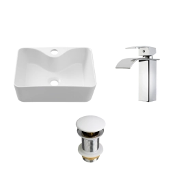 Kit Cuba de Apoio Slim Retangular com Válvula de Escoamento e Torneira Monocomando Baixa Paraná Pingoo.casa - Branco e Prata
