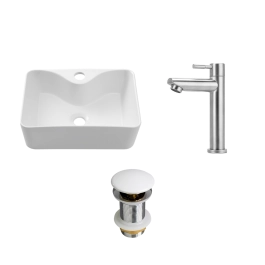 Kit Cuba de Apoio Slim Retangular com Válvula de Escoamento e Torneira para Banheiro Baixa Amazonas Pingoo.casa - Branco e Prata