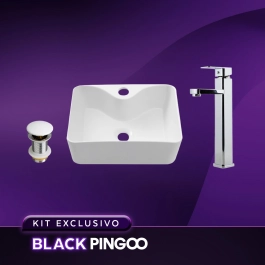 Kit Cuba de Apoio Slim Retangular com Válvula de Escoamento e Torneira Monocomando Alta Pingoo.casa - Branco e Prata