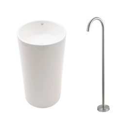 Kit Cuba de Piso para Banheiro Espinélio e Misturador de Piso Timonha - Branco e Prata Escovado