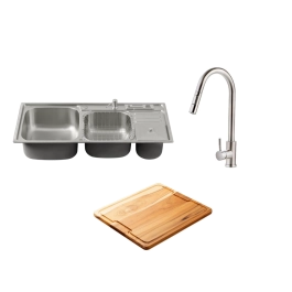 Kit Cuba Dupla Gourmet Nukini com Tábua de Corte e Torneira Misturador Monocomando Iriri Pingoo.casa - Prata
