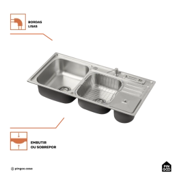 Kit Cuba Dupla Gourmet Nukini com Tábua de Corte e Torneira Misturador Monocomando Iriri Pingoo.casa - Prata