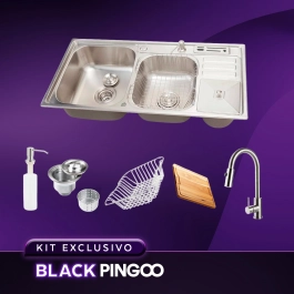 Kit Cuba Dupla Gourmet Nukini com Tábua de Corte e Torneira Misturador Monocomando Muru Pingoo.casa - Prata