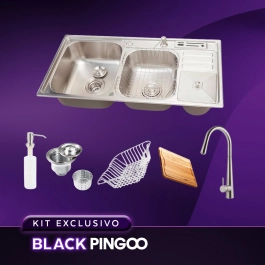 Kit Cuba Dupla Gourmet Nukini e Torneira Misturador Monocomando Extensível Apurema e Tábua de Corte Nukini Pingoo.casa - Prata