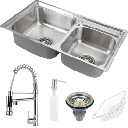 Kit Cuba Dupla Gourmet para Cozinha Aço Inox 201 68x39cm Ticunas e Torneira Misturador Monocomando Minum Prata