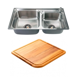 Kit Cuba Dupla Gourmet para Cozinha com Acessórios Aço Inox 201 78x43cm e Tábua de Corte Potiguara