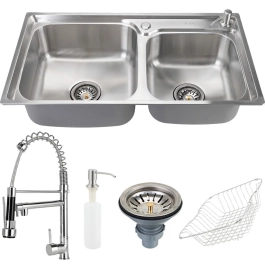 Kit Cuba Dupla Gourmet para Cozinha com Acessórios Aço Inox 201 78x43cm Potiguara e Torneira Misturador Monocomando Munim Prata