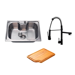 Kit Cuba Gourmet Borari com Tábua de Corte Carajás e Torneira Misturador Monocomando Munim Pingoo.casa - Prata e Preto