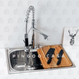Kit Cuba para Cozinha Gourmet Pia Aço Inox 304 com Acessórios e Tábua de Corte Borari Prata