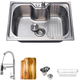 Kit Cuba para Cozinha Gourmet Pia Aço Inox 304 com Acessórios Tábua de Corte Borari e Torneira Gourmet Munim Prata