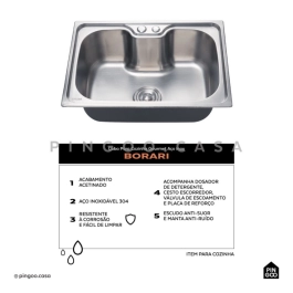 Kit Cuba para Cozinha Gourmet Pia Aço Inox 304 com Acessórios Tábua de Corte Borari e Torneira Gourmet Munim Prata