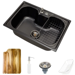 Kit Cuba para Cozinha Gourmet Pia Aço Inox com Acessórios Carajás com Tábua de Corte Preto