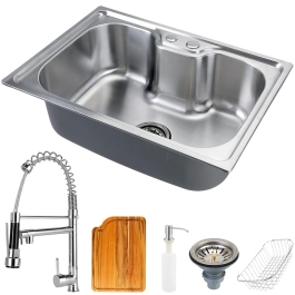Kit Cuba para Cozinha Gourmet Pia Aço Inox com Acessórios e Tábua de Corte Nawa 50 cm e Torneira Gourmet Munim Prata