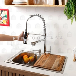 Kit Cuba para Cozinha Gourmet Pia Aço Inox com Acessórios e Tábua de Corte Nawa 50 cm e Torneira Gourmet Munim Prata