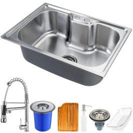 Kit Cuba para Cozinha Gourmet Pia Aço Inox com Acessórios Tábua de Corte e Lixeira Nawa 50 cm e Torneira Gourmet Munim Prata