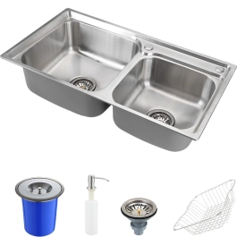 Kit Cuba para Cozinha Gourmet Pia Dupla Aço Inox com Acessórios  e Lixeira Ticunas Prata
