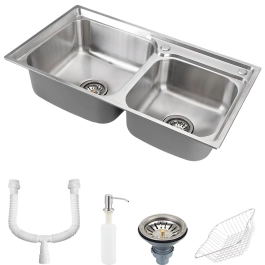 Kit Cuba para Cozinha Gourmet Pia Dupla Aço Inox com Acessórios e sifão Ticunas Prata