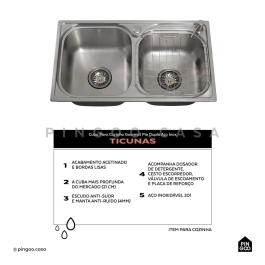 Kit Cuba para Cozinha Gourmet Pia Dupla Aço Inox com Acessórios e Tábua de Corte e Lixeira 5L Ticunas Prata