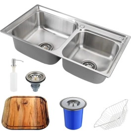 Kit Cuba para Cozinha Gourmet Pia Dupla Aço Inox com Acessórios e Tábua de Corte e Lixeira 5L Ticunas Prata