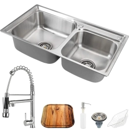 Kit Cuba para Cozinha Gourmet Pia Dupla Aço Inox com Acessórios e Tábua de Corte Ticunas e Torneira Monocomando Gourmet Munim Prata