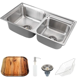 Kit Cuba para Cozinha Gourmet Pia Dupla Aço Inox com Acessórios e Tábua de Corte Ticunas Prata