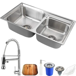 Kit Cuba para Cozinha Gourmet Pia Dupla Aço Inox com Acessórios Tábua de Corte Lixeira 5L Ticunas e Torneira Monocomando Gourmet Munim Prata
