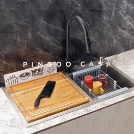 Kit Cuba para Cozinha Pia Dupla Aço Inox com Acessórios e Tábua de Corte Awá Prata Escovado