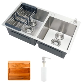 Kit Cuba para Cozinha Pia Dupla Aço Inox com Acessórios e Tábua de Corte Awá Prata Escovado