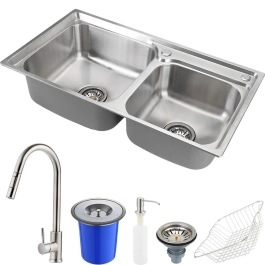 Kit Cuba para Cozinha Pia Dupla com Acessórios e Lixeira Ticunas e Torneira Monocomando Gourmet Iriri  Escovado Prata