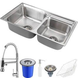 Kit Cuba para Cozinha Pia Dupla com Acessórios e Lixeira Ticunas e Torneira Monocomando Gourmet Munim Prata