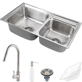 Kit Cuba para Cozinha Pia Dupla com Acessórios Ticunas e Torneira Monocomando Gourmet Iriri Prata