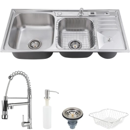 Kit Cuba para Cozinha Pia Dupla em Aço Inox com Acessórios com Lixeira Caiapós e Torneira Gourmet Munim Prata